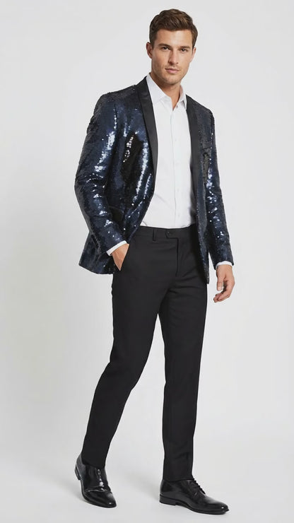 Men’s Navy Sequin Blazer – Navy Blue Sparkle Sequin Formal Blazer with Satin Lapel for Prom, Party and Evening Events