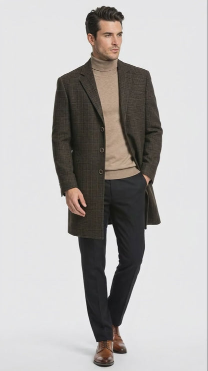 Men’s Brown Checkered Wool Overcoat – Long Winter Coat with Classic Plaid Pattern By Statement