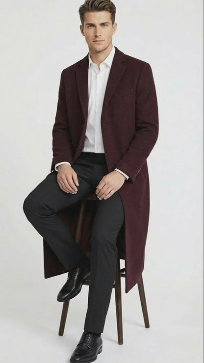 Men’s Burgundy Long Coat – Classic Fit Wool Blend Overcoat - Topcoat Full length