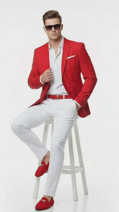 Mens Red Blazer and White Pants Set – Stylish Casual Dress Outfit For New Year Holiday and Christmas Suit