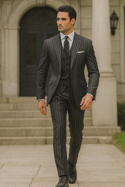 Mens 2 button Gangster Pinstripe Suit in Black & White