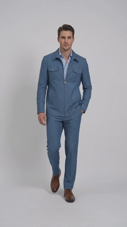 Men’s Light Blue Walking Suit – 2 Piece Casual Leisure Set with Zip Front Jacket Denim Style