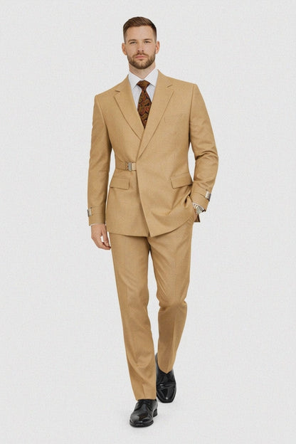 Men’s Camel Double Breasted Wool Suit with Metal Buckle Closure