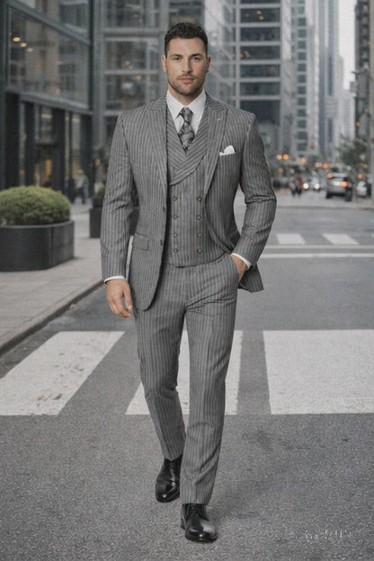 Mens Gangster Pinstripe 2 Button Double Breasted Vest Grey Suit
