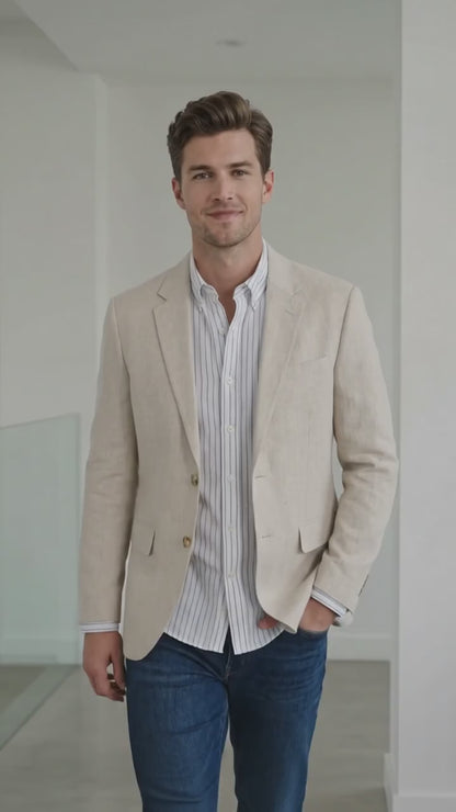 Men’s Light Tan Sport Coat – Classic Two-Button Casual Blazer for Business, Weddings & Smart Casual Wear Modern Fit Linen Fabric
