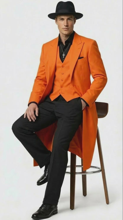 Men’s halloween Costume Orange Long Zoot Suit Set With Black Shirt and Black Pants included