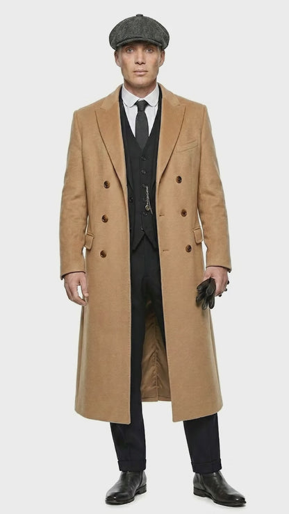 Mens Camel Brown Double Breasted Wool Overcoat + Suit – Peaky Blinders Inspired Vintage Long Trench Coat with Lapel Collar