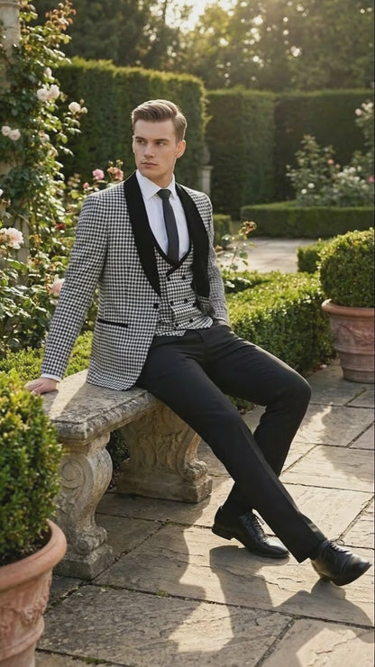 Men’s Black and White Houndstooth Tuxedo Set with Velvet Shawl Lapel | 3-Piece Formal Suit with Double-Breasted Vest