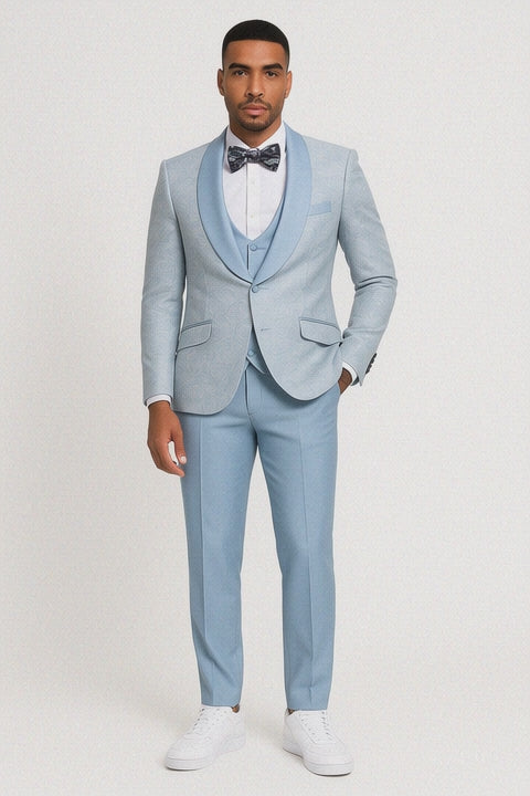 2024 Prom Special Blue Tuxedo Suit w/ Double-Breasted Vest by Tazzio