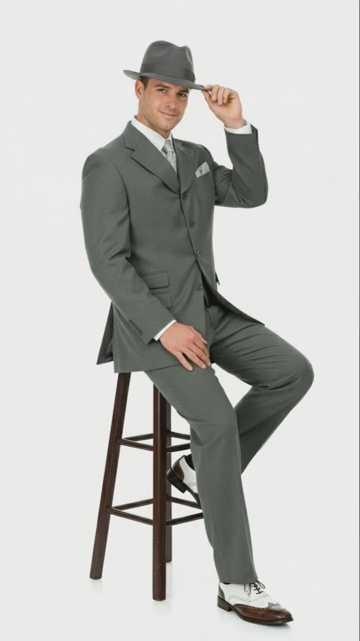 Men’s 1920s Gray Zoot Suit  – 4 Buttons  Gangster Wide Lapel Long Jacket 3-Piece Suit in Grey Color Classic Fit Pleated Pants