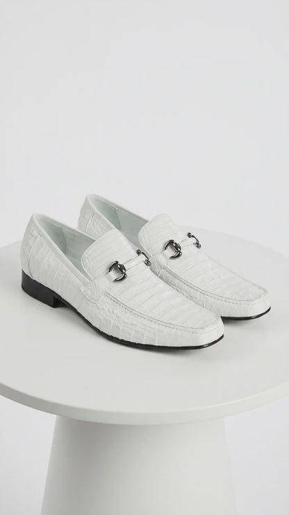 Men’s Los Altos White Caiman Belly Dress Shoes, Leather Sole Bit Loafers for Formal Wear