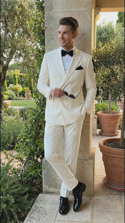 Men’s ivory Cream Double Breasted Suit – Classic Formal Tuxedo Style Suit for Weddings off White Color