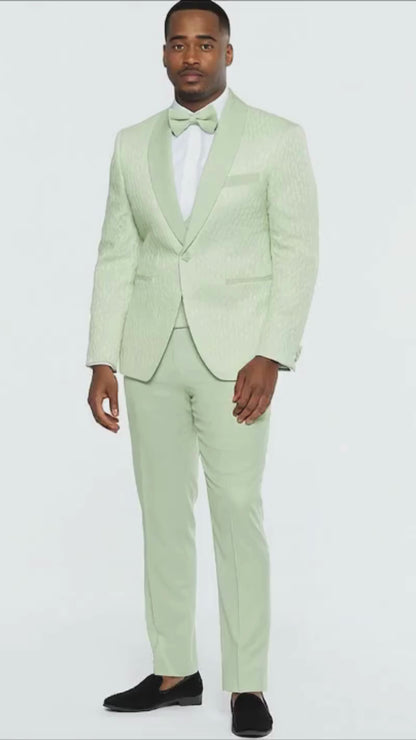 Men’s Mint Green Tuxedo Suit – Slim Fit Shawl Lapel with Matching Bow Tie in Sage Green Color - Light Green