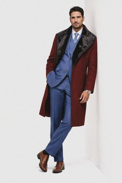 Burgundy Overcoat ~ Long men's Dress Topcoat - Winter coat With Fur Collar And Wool Fabric