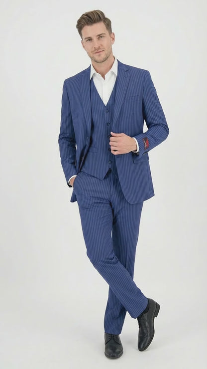 Men’s Royal Blue Pinstripe Three Piece Suit – Classic Formal 3PC Business and Wedding Suit Indigo Teal Saphire Pinstripe