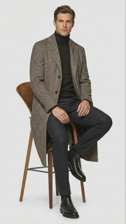 Men’s Black & Grey  Herringbone Tweed Wool Blend Overcoat – Classic Single-Breasted Winter Blazer Carcoat