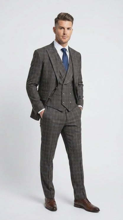 Vitali Men’s Brown Grey with blue Check 3 Piece Suit – Classic Plaid Formal Suit Set with Blazer, Vest & Trousers, Business Wedding Party Wear for Men Modern Fit
