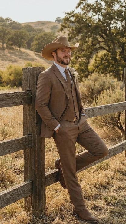 Men’s Light Brown Western 3 Piece Suit – Classic Country Style Blazer Vest Pants Set, Formal Cowboy Suit Toast