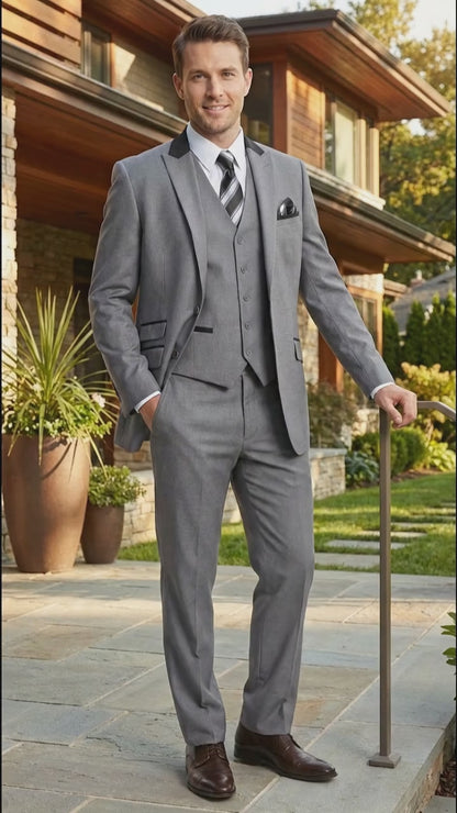 Men’s Light Gray Three Piece Suit with Black Chesterfield Collar  – Classic Formal Wedding and Business Suit Set 1920s Vintage