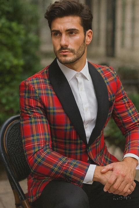 Mens Tartan Plaid Christmas Holiday Blazer in Red