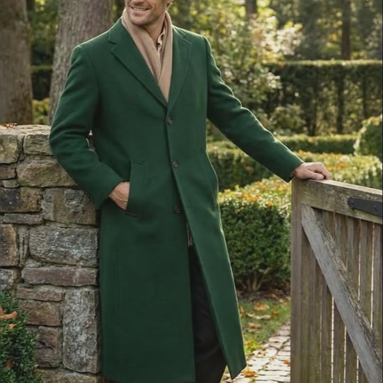 Men’s Hunter Green Full-Length Wool Overcoat 