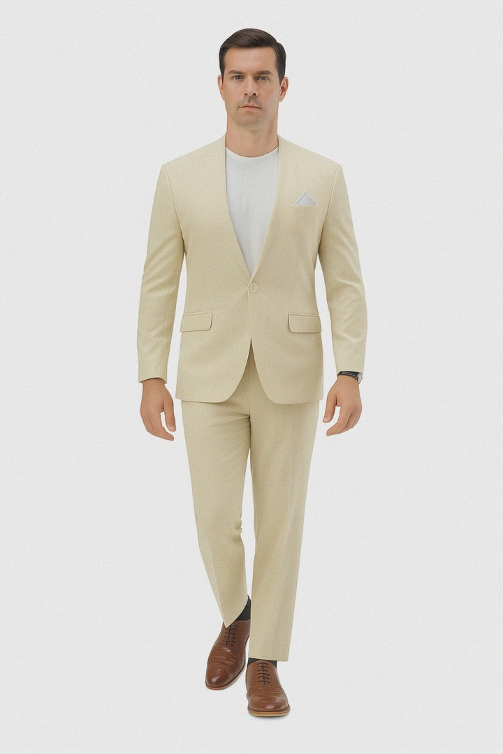 Mens Two Piece Linen Suit Relaxed Hybrid Fit No Collar