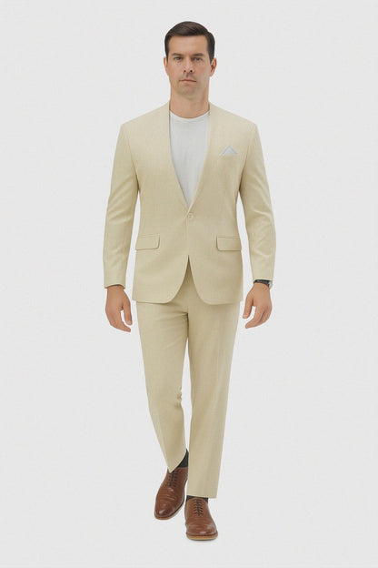 Mens Two Piece Linen Suit Relaxed Hybrid Fit No Collar