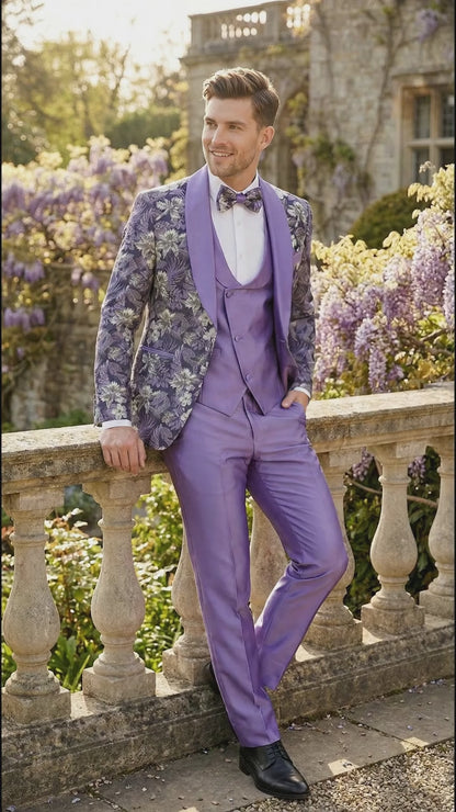 Men’s Purple Floral Prom Suit with Shawl Lapel – Luxury Formal Tuxedo Outfit for Prom, Wedding and Special Events