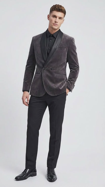 Mens Charcoal Gray Velvet Tuxedo Suit – Luxury Formal Wedding Suit with Black Shawl Lapel for Prom, Party Black Pants