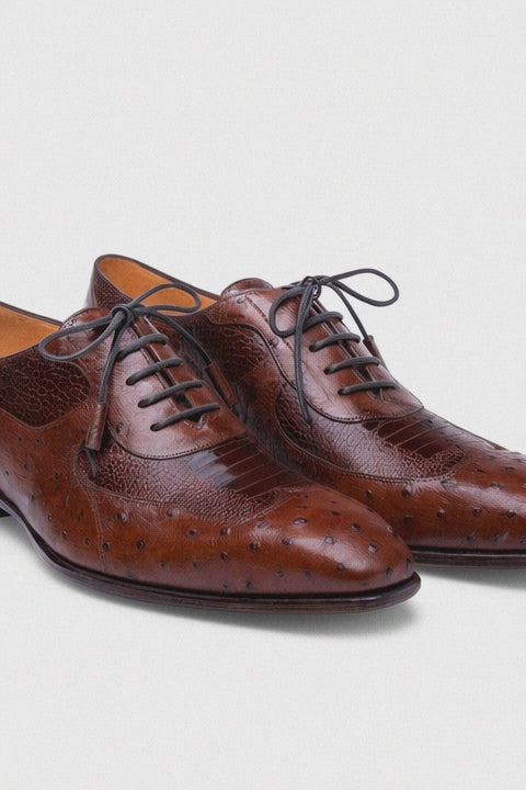 Mens Mezlan Getty Ostrich Wingtip Dress Shoe in Cognac
