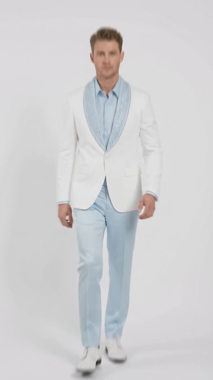 Men’s White & Sky Blue Tuxedo Suit with Embellished Shawl Lapel – Prom & Wedding in light baby poweder blue color