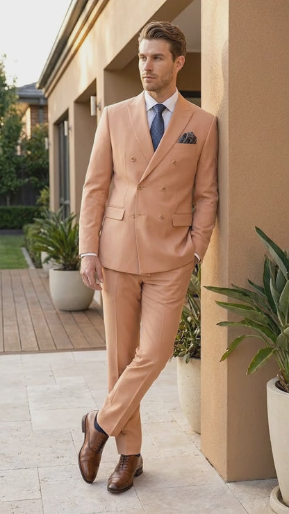 Men’s Peach Double Breasted Suit – Wedding & Prom Formal Suit Set, Classic Blazer and Pants Slim Fitted
