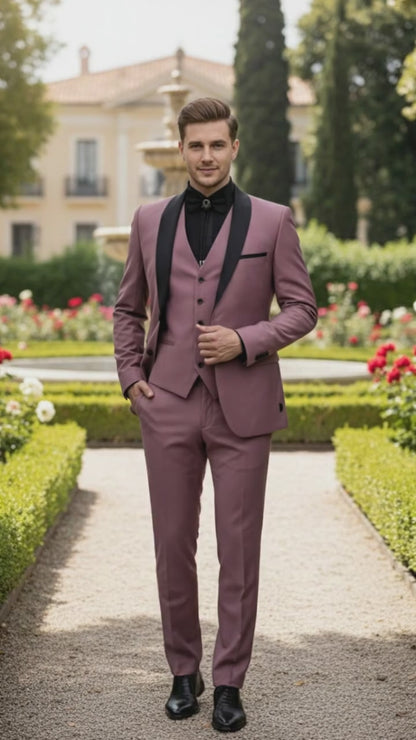Men's Rose Pink Tuxedo Suit – Luxury Three-Piece Formal Wear with Black Satin Lapel Dusty Mauve Color