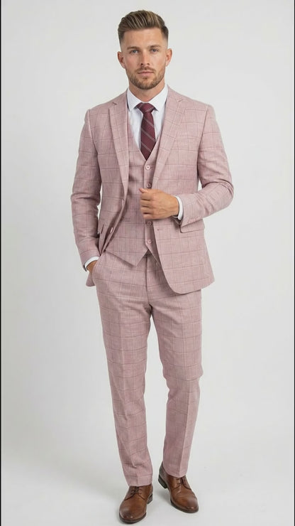 Mens Dusty Rose Three Piece Plaid Suit – Pink Check Wedding and Business Formal Suit Set Windowpane Pattern