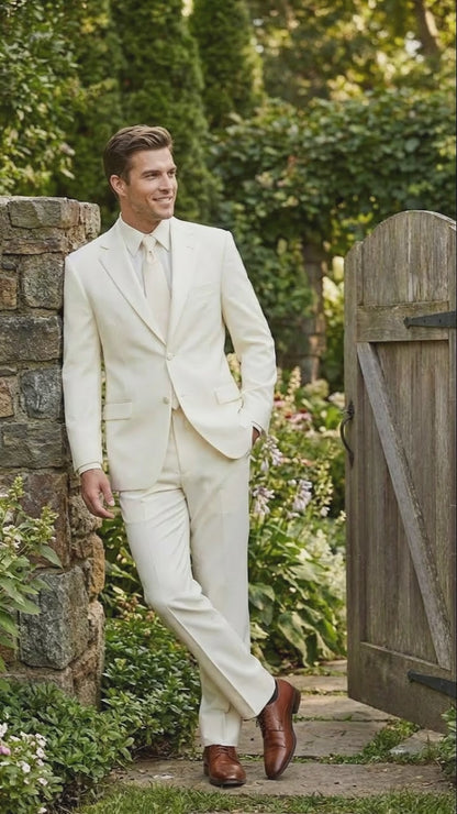 Men’s Ivory Tuxedo Suit with Satin Notch Lapel – Formal Wedding and Evening Wear Suit in Cream Off White Color