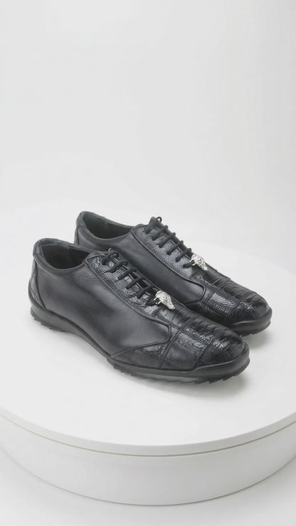 Los Altos Men’s Navy Genuine Ostrich Casual Sneakers, Exotic Lace-Up Dress Shoes