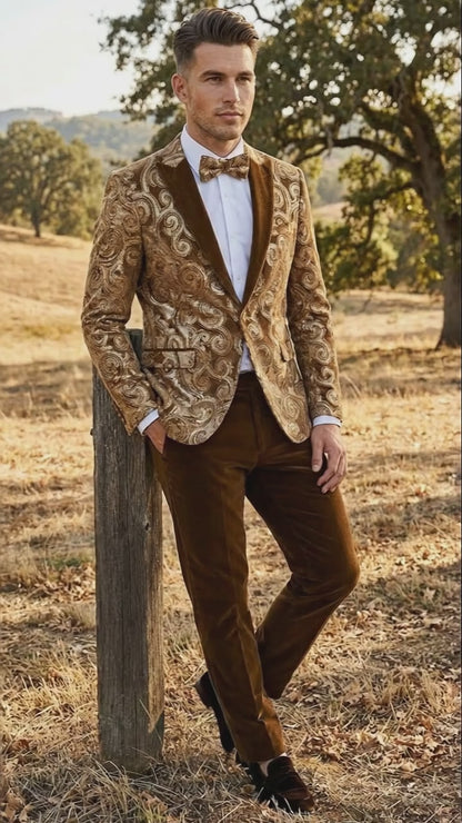Men’s Goldish Light brown Tuxedo dinner Jacket Embroidered Blazer – Velvet Jacket for Formal Paisley Pattern Coffee Mocca Color