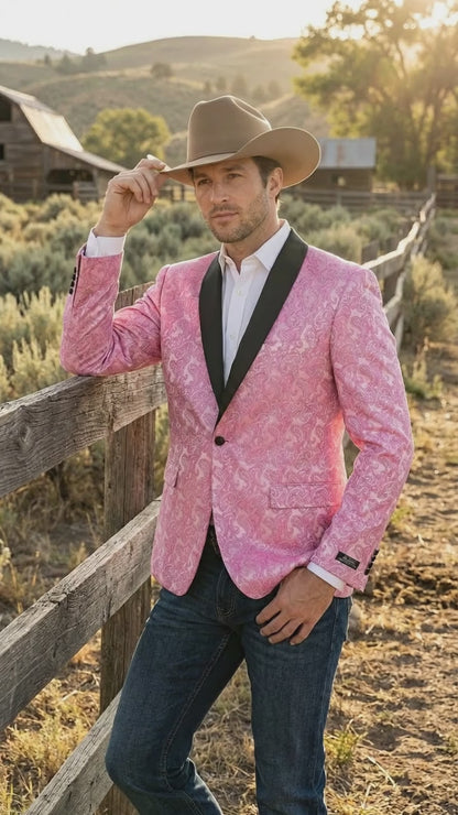 Mens Hot Pink Paisley Western Blazer Jacket – Stylish Pattern Formal Blazer with Black Shawl Lapel for Party, Wedding Cowboy Sportcoat
