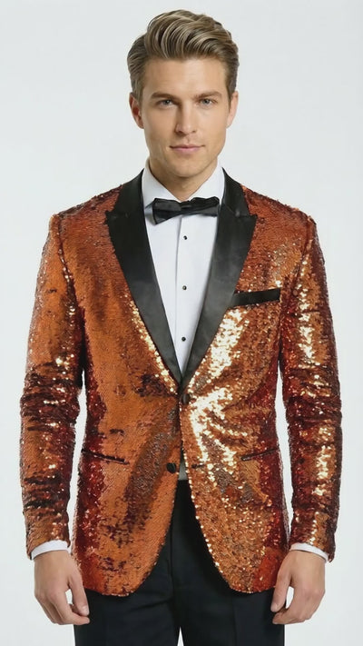Mens Orange Sequin Blazer Tuxedo Dinner Jacket – Shiny Party Dinner Jacket with Black Lapel for Wedding, Prom, Stage Kingsman Jacket
