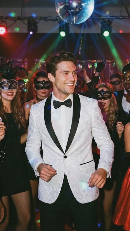 Men’s White Dinner Jacket Disco Blazer 1980s Sequin Style Jacket – Black Lapel Party Blazer, Formal Masquerade Club Wear Paisley Fabric + Bowtie