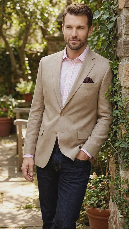 Men’s Tan Beige Sport Coat with 2 Button Front, Summer Dress Casual Blazer Jacket