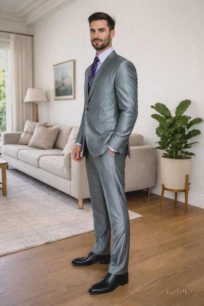 Mens Modern Fit Shiny Sharkskin Suit in Silver Grey
