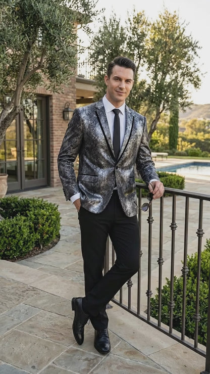 Men’s Black and Charcoal Gray Snakeskin Print Blazer, Animial Exotic Skin Alligator Crocodile Texture