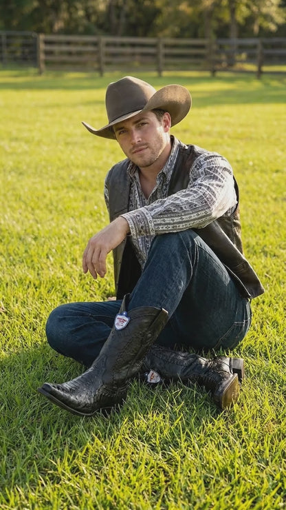 Men’s Black Ostrich Leg Cowboy Boots with Snip Toe, Western Dress Boots