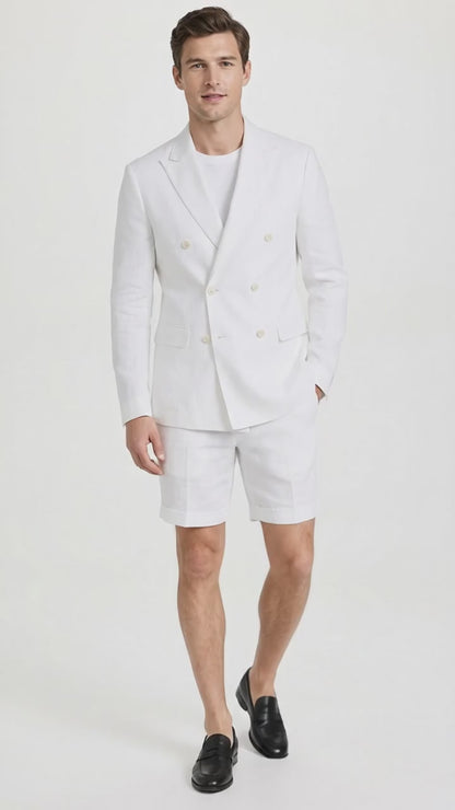 Men’s White Summer Suit with Shorts, 2 Piece Linen Style Wedding Beach Short Suit Set double breasted style