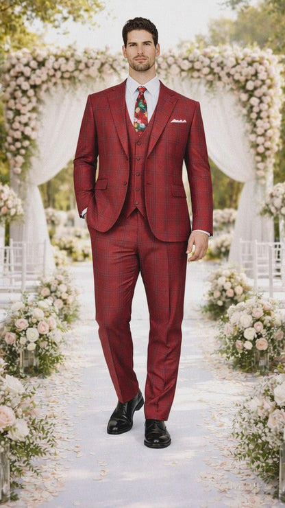 Rossiman Suit – Red & Blue Plaid Windowpane Double-Breasted Suit for Men