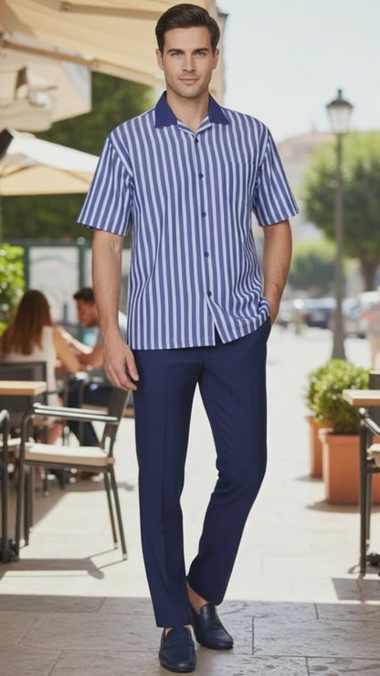 Men’s Blue and White Vertical Stripe Short Sleeve Shirt Set – Casual Summer Two-Piece Outfit