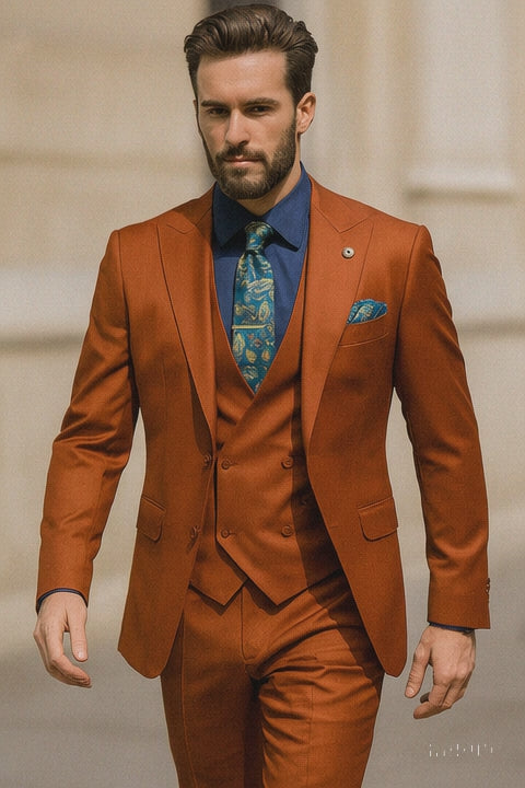 Men’s Burnt Orange 3-Piece Suit with Vest – Stylish Formal Wear