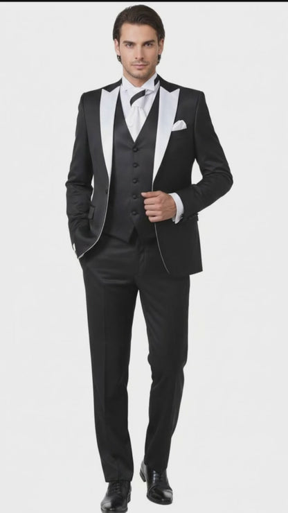 Men’s Black and White Lapel Prom Tuxedo Suit + Black Vest + Black Pants Peak Lapel