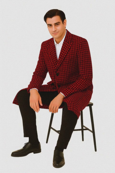 Houndstooth Overcoat - Houndstooth Topcoat - Houndstooth Checker Car Coat Red